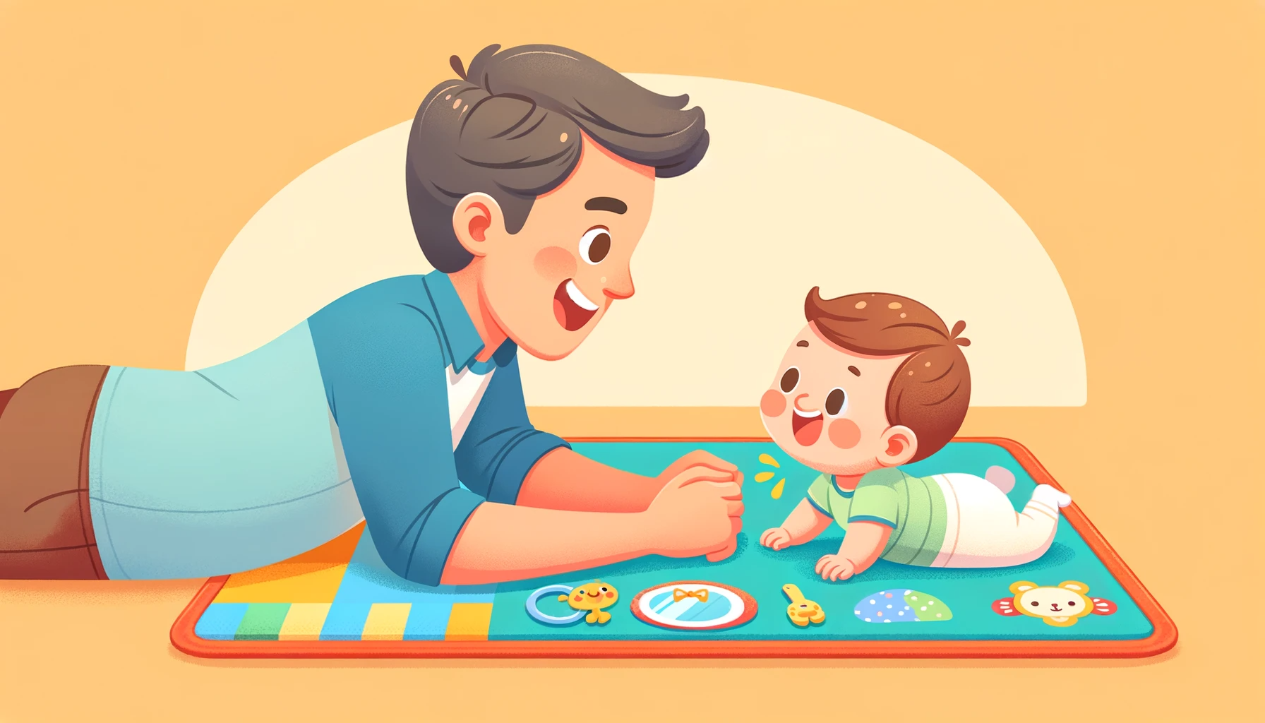 Dad spending time to do tummy time with baby